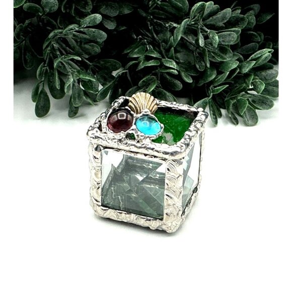 Decorative Stained Glass Trinket Box With Seashell & Gemstone Embellishments - Picture 1 of 8